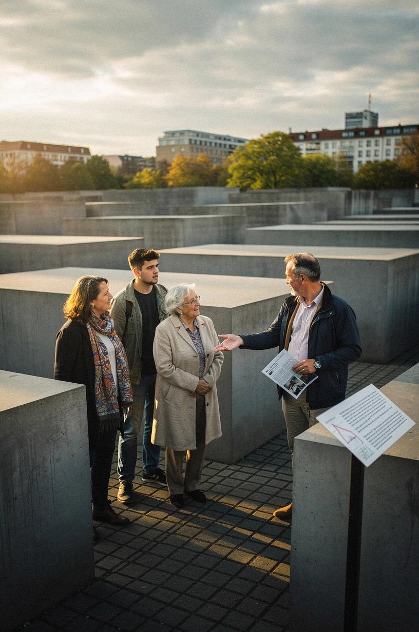 Besuchergruppe auf einem geführten Bildungsrundgang vor einem historischen Mahnmal in Deutschland, das an die Opfer der Vergangenheit erinnert.